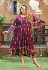 Plus Size Wine Gold Printed Flared Sleeves Rayon Dress