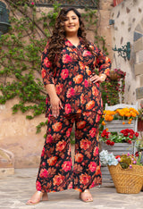 Black Floral Pure Chinon Wrap Co-ord Set