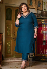 Plus Size Elegant Teal Embroidered Rayon Kurta Pant Set