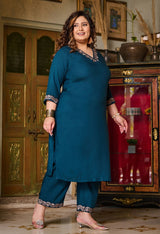 Plus Size Elegant Teal Embroidered Rayon Kurta Pant Set