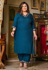 Plus Size Elegant Teal Embroidered Rayon Kurta Pant Set