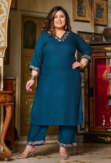 Plus Size Elegant Teal Embroidered Rayon Kurta Pant Set