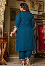 Plus Size Elegant Teal Embroidered Rayon Kurta Pant Set