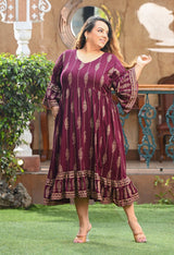 Plus Size Wine Gold Printed Flared Sleeves Rayon Dress
