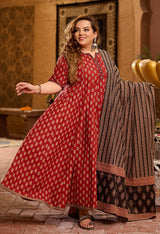 Plus Size Bright Maroon Pure Cotton Jaipuri Anarkali with Dupatta
