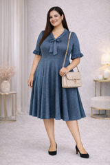 Plus Size Blue A-Line Dress with Bow Neck & Ruffle Sleeves