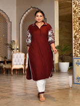 Rust Bloom Embroidered Rayon Kurta Set for Women