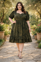 Plus Size Olive Green Tye Dye Prism Puff Sleeve Dress