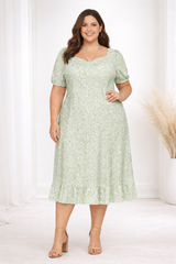 Plus Size Green Floral Midi Dress with Sweetheart Neck & Ruffle Hem