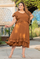 Plus Size Spicy Mustard Rayon Frill Dress