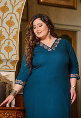 Plus Size Elegant Teal Embroidered Rayon Kurta Pant Set