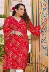 Plus Size Red Bandhani Printed Rayon Kurta Set