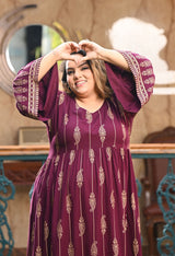 Plus Size Wine Gold Printed Flared Sleeves Rayon Dress