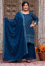 Plus Size Glorious Teal Embroidered Sharara Set with Dupatta