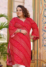 Plus Size Red Bandhani Printed Rayon Kurta Set