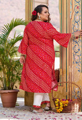 Plus Size Red Bandhani Printed Rayon Kurta Set