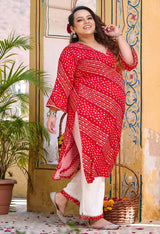 Plus Size Red Bandhani Printed Rayon Kurta Set