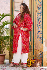 Plus Size Red Bandhani Printed Rayon Kurta Set
