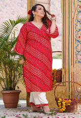 Plus Size Red Bandhani Printed Rayon Kurta Set