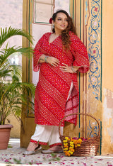 Plus Size Red Bandhani Printed Rayon Kurta Set