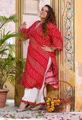Plus Size Red Bandhani Printed Rayon Kurta Set