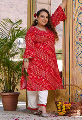 Plus Size Red Bandhani Printed Rayon Kurta Set