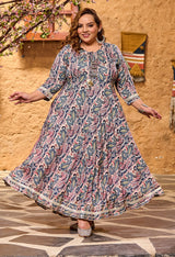 Plus Size Teal Blue Floral Anarkali with Chinon Dupatta