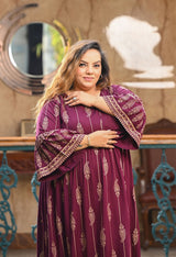 Plus Size Wine Gold Printed Flared Sleeves Rayon Dress