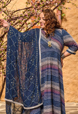 Plus Size Gloomy Blue Leheriya Anarkali with Dupatta