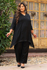 Plus Size Black Rayon Pintuck Co-ord Set