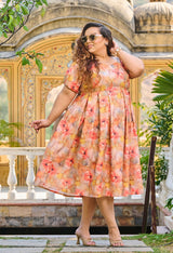 Plus Size Coral Orange Linen Fit and Flare Dress