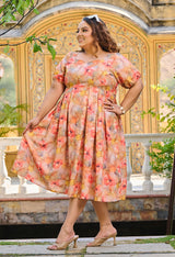 Plus Size Coral Orange Linen Fit and Flare Dress