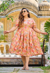 Plus Size Coral Orange Linen Fit and Flare Dress