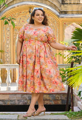 Plus Size Coral Orange Linen Fit and Flare Dress