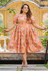 Plus Size Coral Orange Linen Fit and Flare Dress