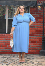 Plus Size Sky Blue Crepe A line Dress