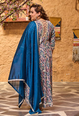 Plus Size Teal Blue Floral Anarkali with Chinon Dupatta