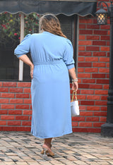 Plus Size Sky Blue Crepe A line Dress