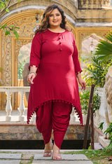 Plus Size Bright Maroon Pom Pom Dhoti Co-ord Set
