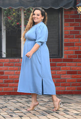 Plus Size Sky Blue Crepe A line Dress
