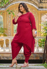 Plus Size Bright Maroon Pom Pom Dhoti Co-ord Set