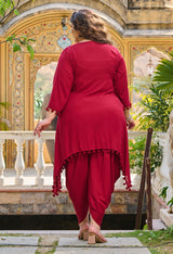 Plus Size Bright Maroon Pom Pom Dhoti Co-ord Set