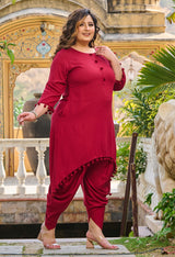 Plus Size Bright Maroon Pom Pom Dhoti Co-ord Set