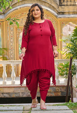 Plus Size Bright Maroon Pom Pom Dhoti Co-ord Set