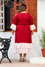 Plus Size Maroon Lurex Rayon Cold Shoulder Dress