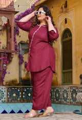 Plus Size Bold Wine Pom Pom Liva Rayon Co-ord Set