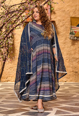 Plus Size Gloomy Blue Leheriya Anarkali with Dupatta