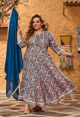 Plus Size Teal Blue Floral Anarkali with Chinon Dupatta