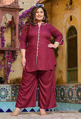 Plus Size Bold Wine Pom Pom Liva Rayon Co-ord Set