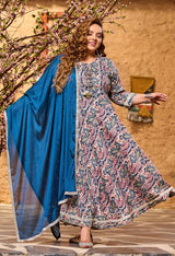 Plus Size Teal Blue Floral Anarkali with Chinon Dupatta